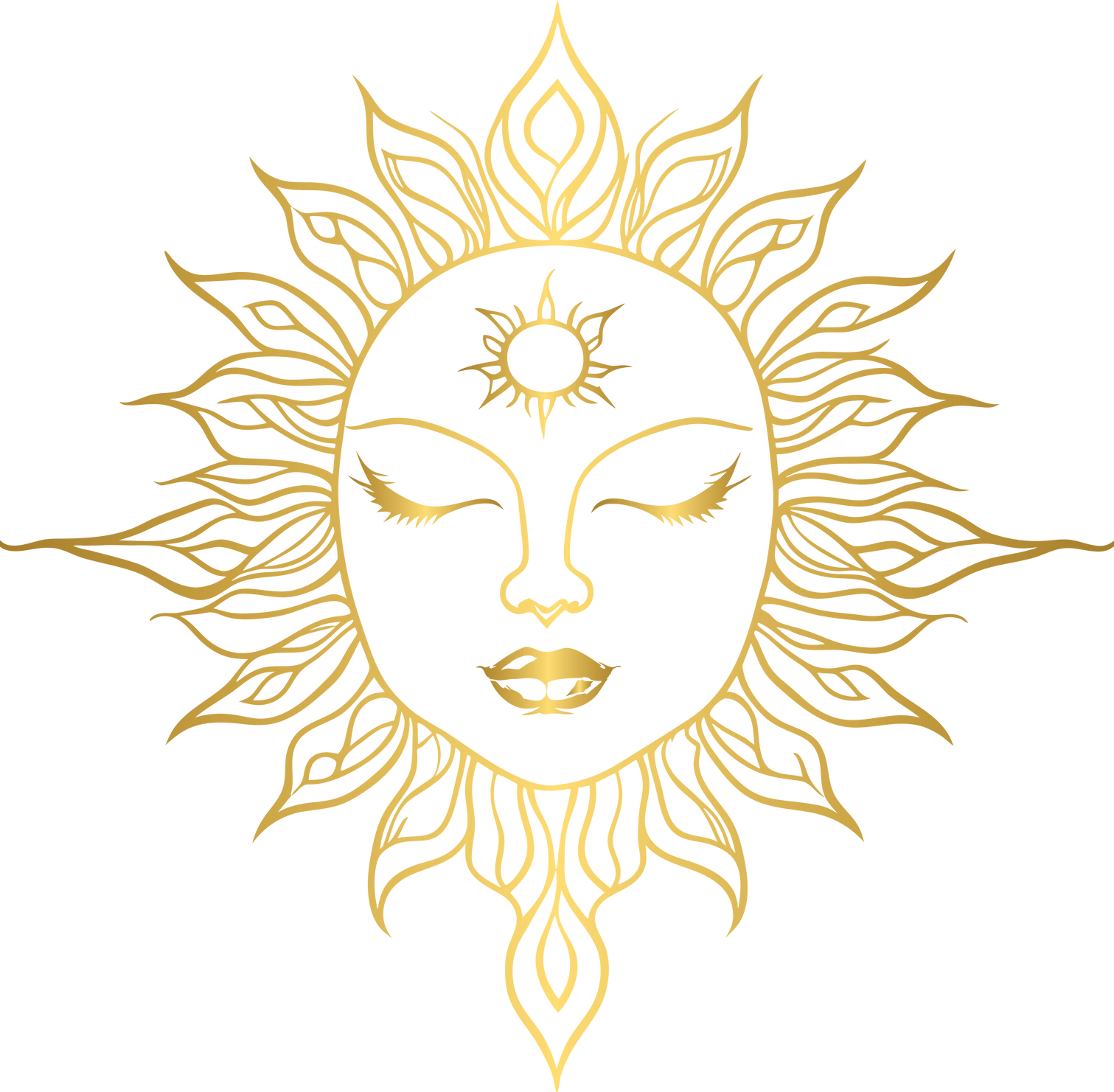 Golden hand drawn mystical sun and celestial sun